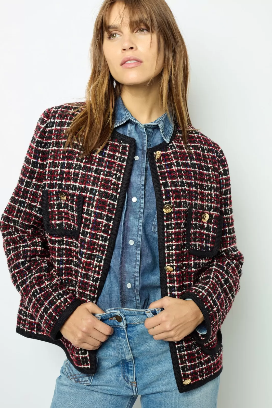 Gerard Darel Veste en tweed rouge et galon - MAIWENN
